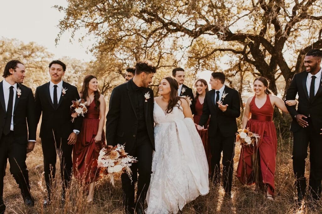 wedding party with bride and groom